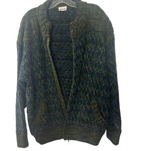 Vintage Fiume Cardigan Sweater Green Blue Wool Blend Grandad Cosby M/L Zipper